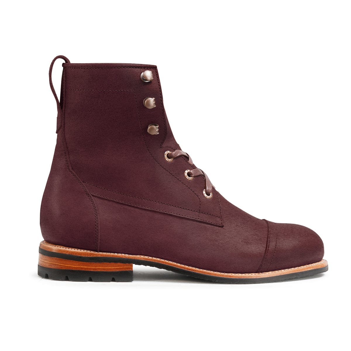 Men's wide burgundy leather lug sole boot, seen from the side, each pair made to order – The Rugged Havana