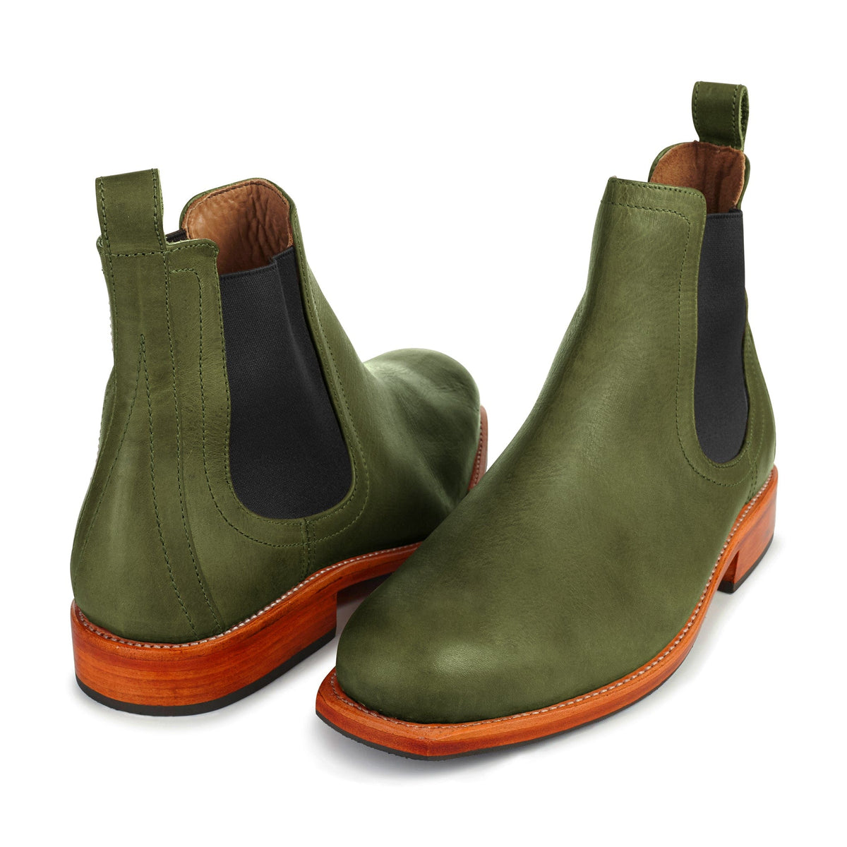 Men's 4E-wide green leather Chelsea boots, shown at an angle, handcrafted to fit size 15.5 – The Mendoza