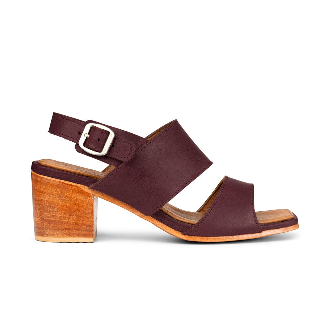 Side view of a women's wide burgundy leather heeled sandal, built to order, even in size 9.5 – The Serena