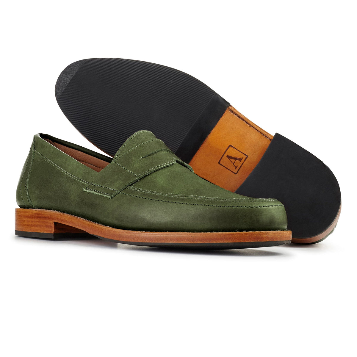 Green men's penny loafer with a classic penny bridge and contrasting wood tone sole, handcrafted by Adelante artisans