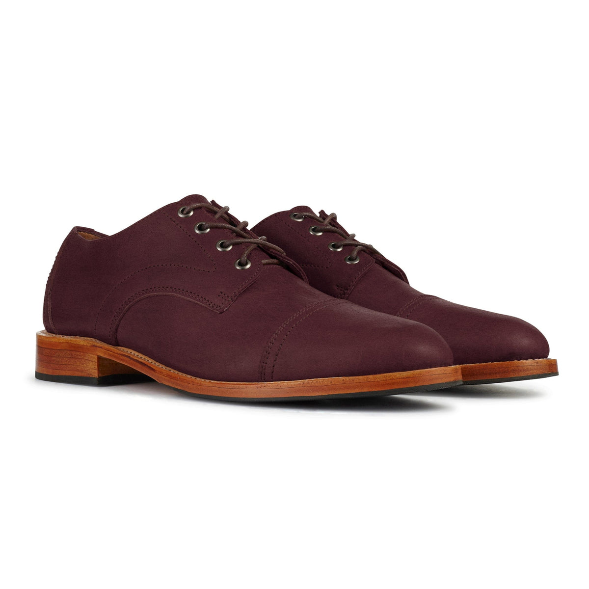 Men's 4E-wide burgundy leather cap-toe derbies, shown at an angle, available to order in size 14.5 – The Marco