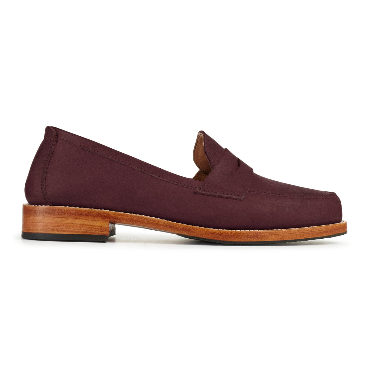 Adelante women's penny loafer in burgundy leather with a stacked wood heel