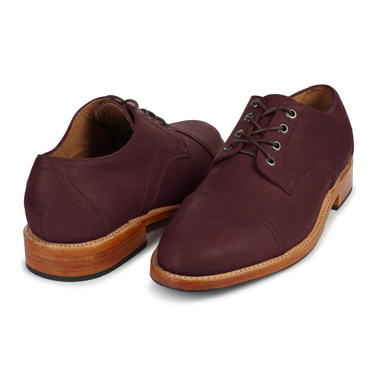 Men's EEEEE extra-wide burgundy leather cap-toe derbies, shown from the front at an angle. Custom sizing on request – The Marco