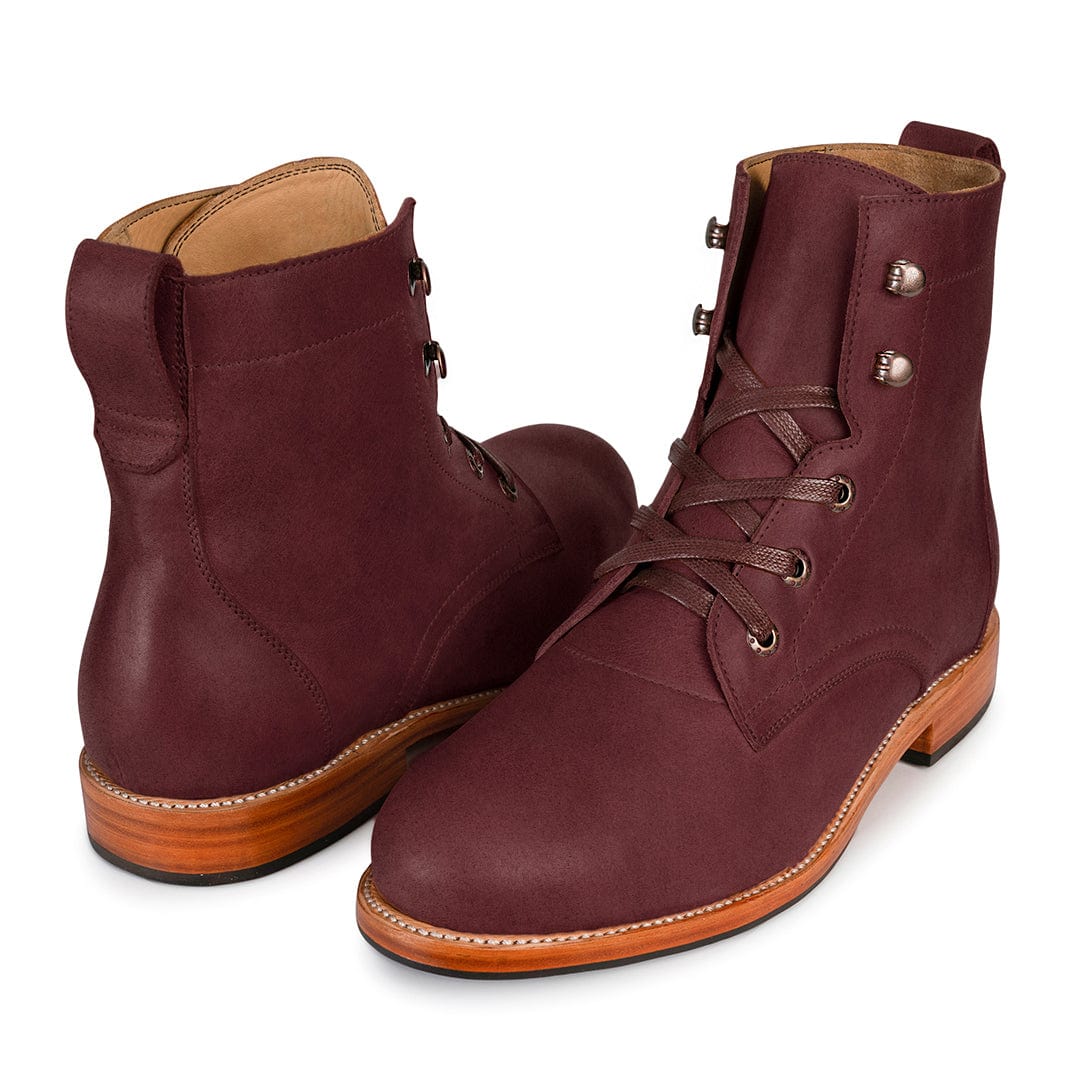 Adelante men's burgundy full-grain leather lace-up boots with side buckles and Goodyear welt construction