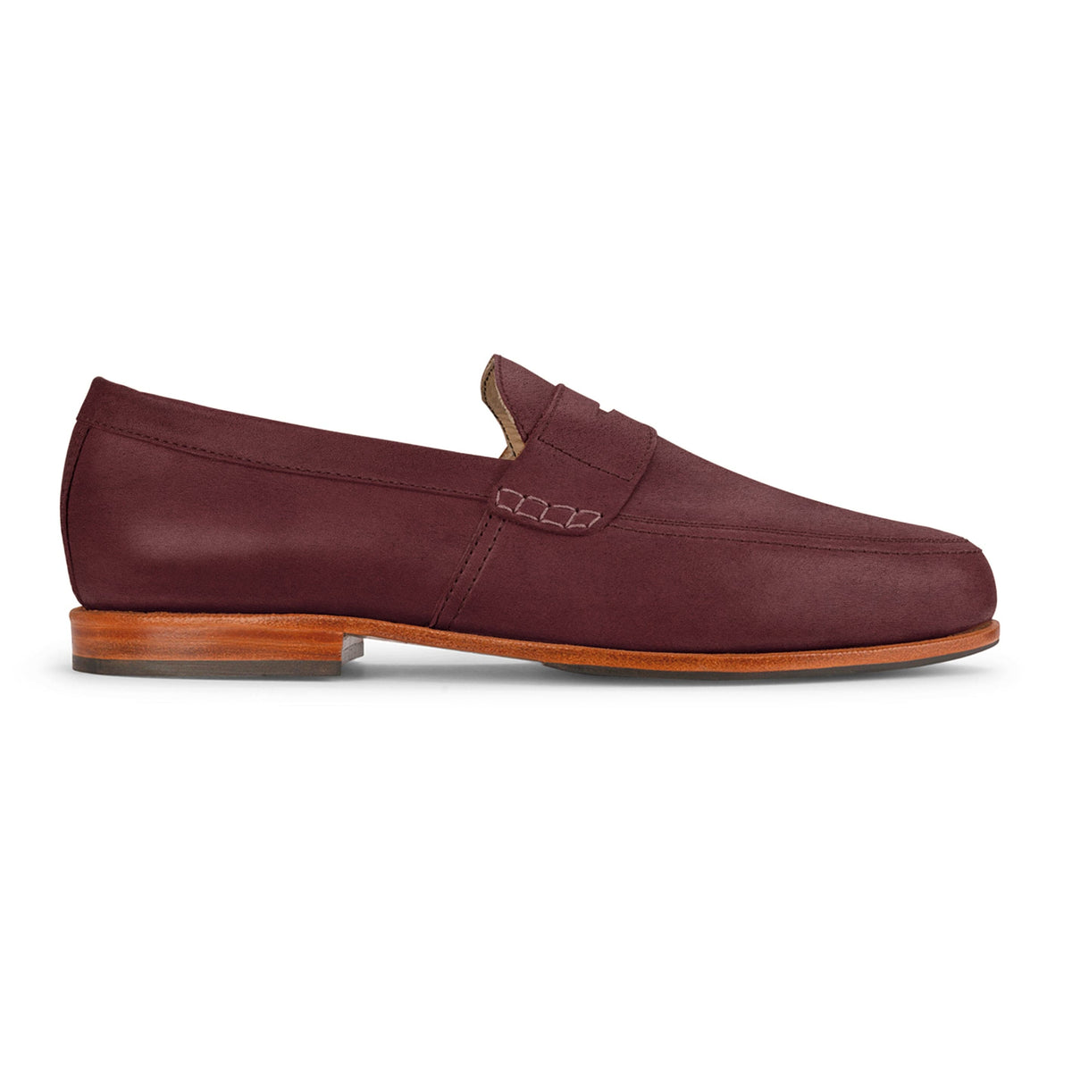 Burgundy full grain leather men's loafer with penny strap and low stacked heel, handcrafted by Adelante and available in wide widths