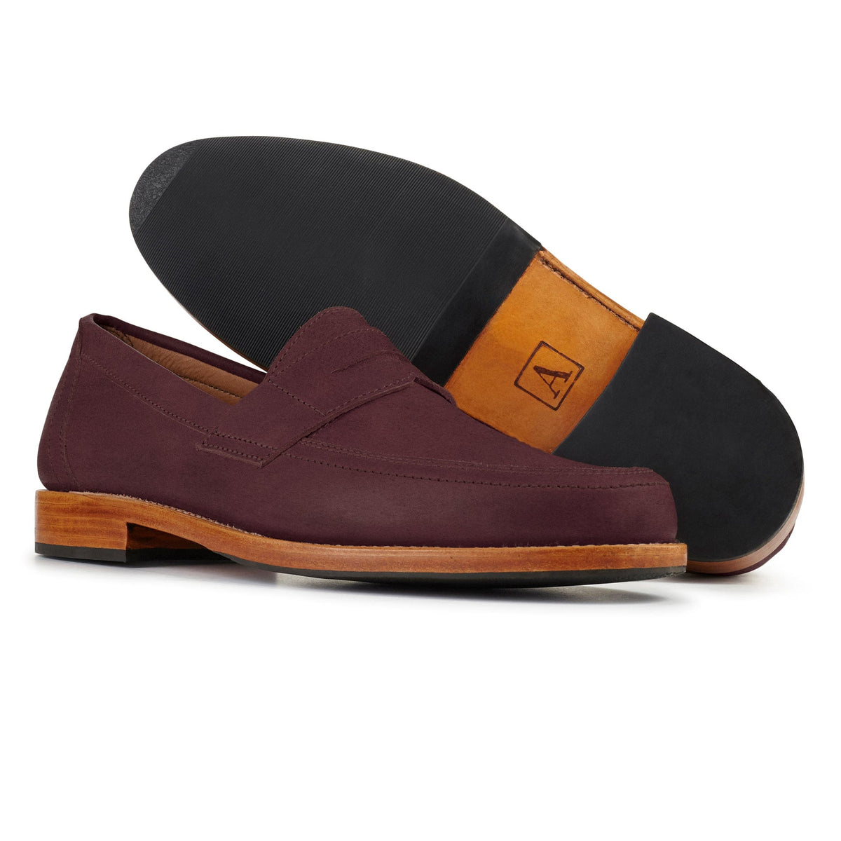 Burgundy men's penny loafer with a classic penny bridge and stacked sole by Adelante Made To Order