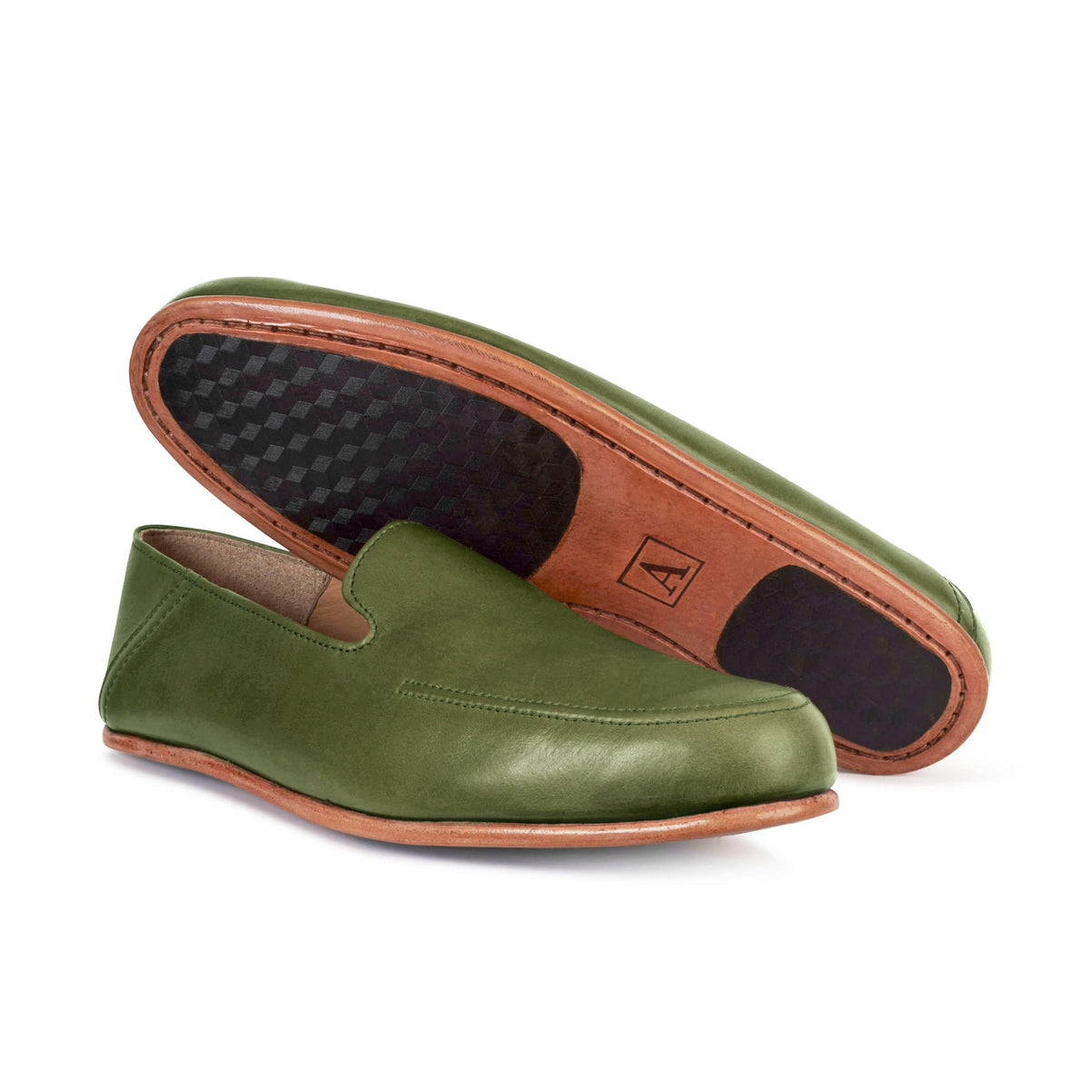 Men's EEEEE extra-wide green leather zero-drop loafers, showing the leather sole. Handcrafted to order in Guatemala