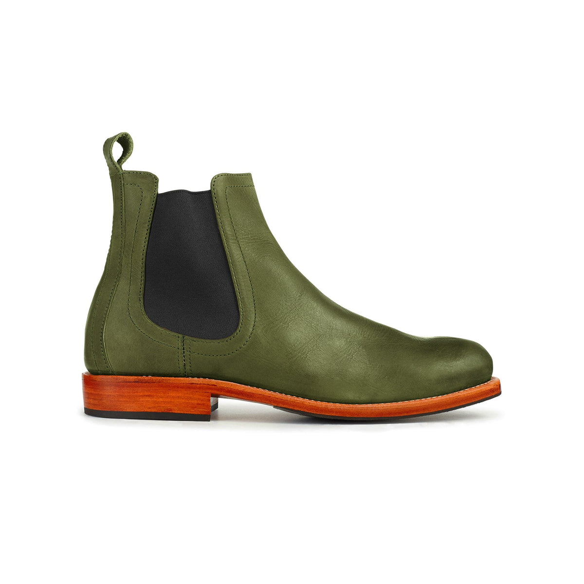 Men's extra-wide green leather Chelsea boot, seen from the side, made by hand in Guatemala – The Mendoza