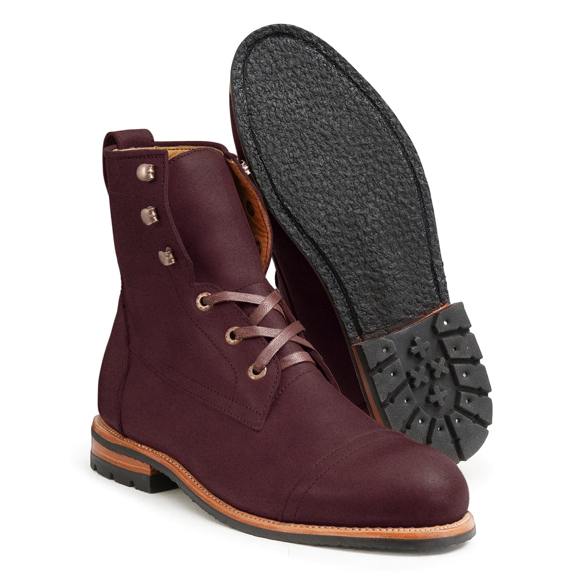 Men's EEE wide burgundy leather lug sole boot, showing the leather sole. Crafted for wide and narrow feet