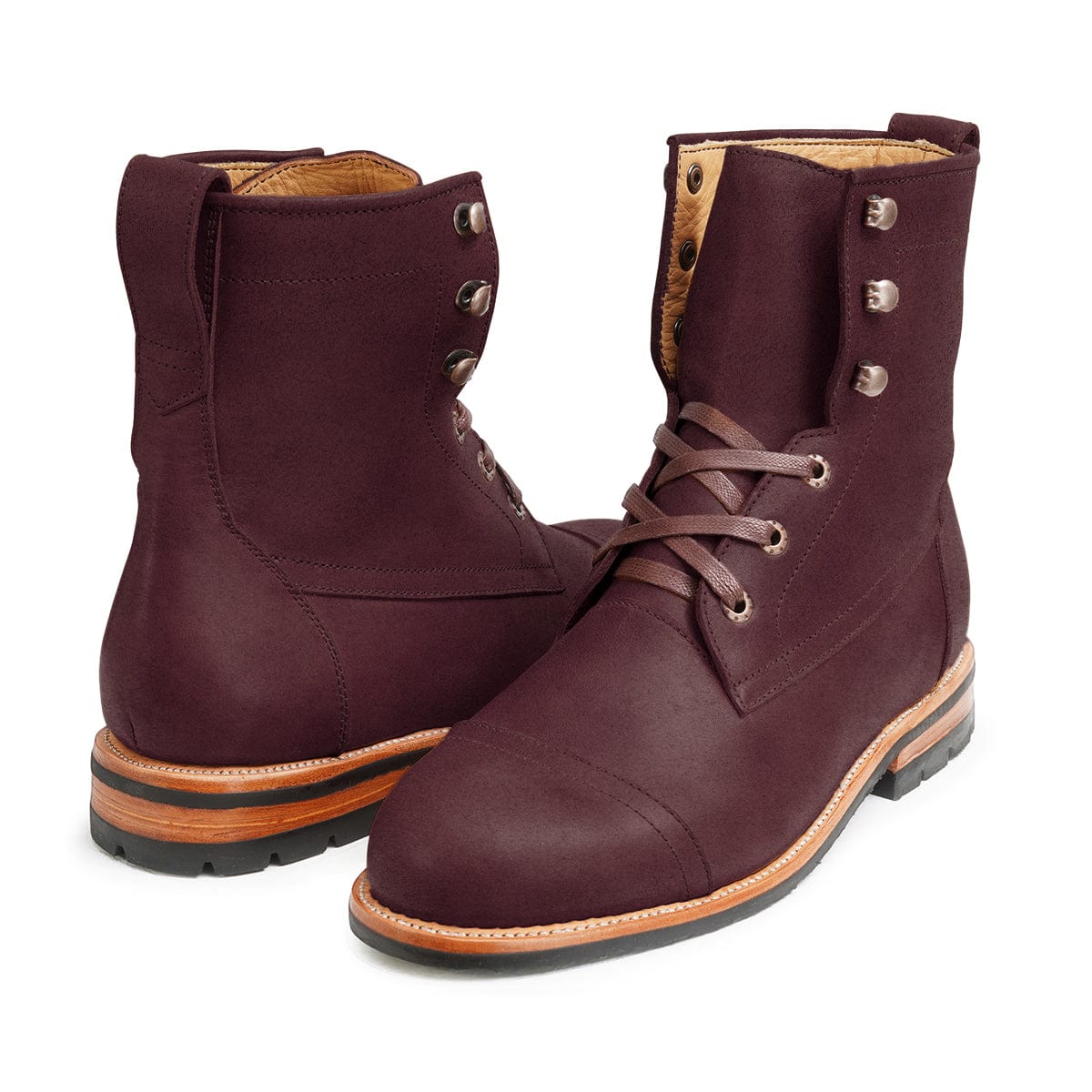 Men's 3E-wide burgundy leather lug sole boots, shown at an angle, available to order in size 16 – The Rugged Havana