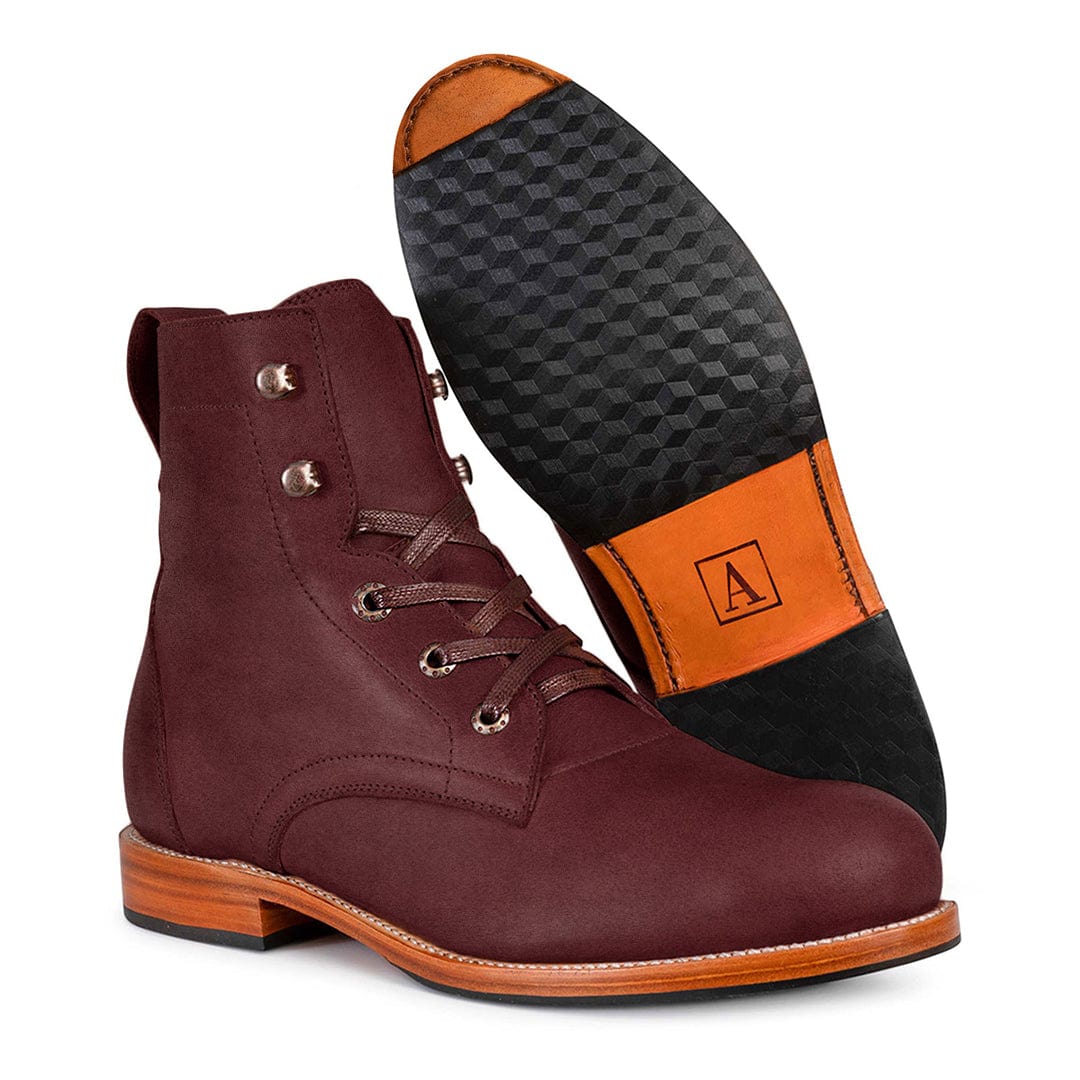 Adelante men's burgundy full grain leather lace up boots with Goodyear welt construction and contrasting orange and black soles