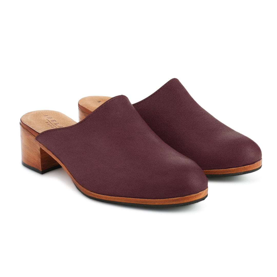 Pair of women's 2E-wide burgundy leather heeled mules, shown from the front at an angle, made by hand in Guatemala – The Camila