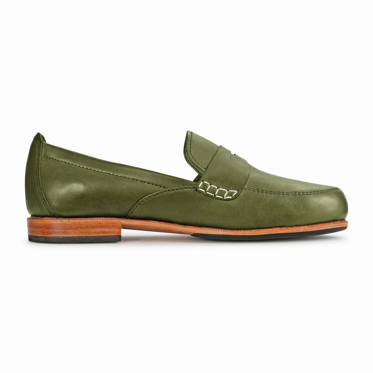 Women's EEE wide green leather dress loafer, seen from the side – The Sabina