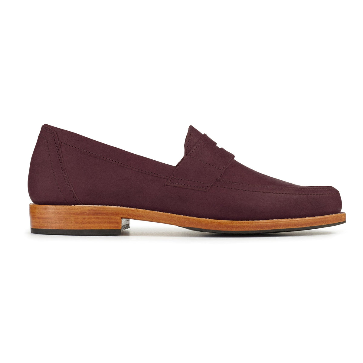 Mens burgundy penny loafer with sleek toe, moccasin stitching, and wood tone heel by Adelante Made To Order