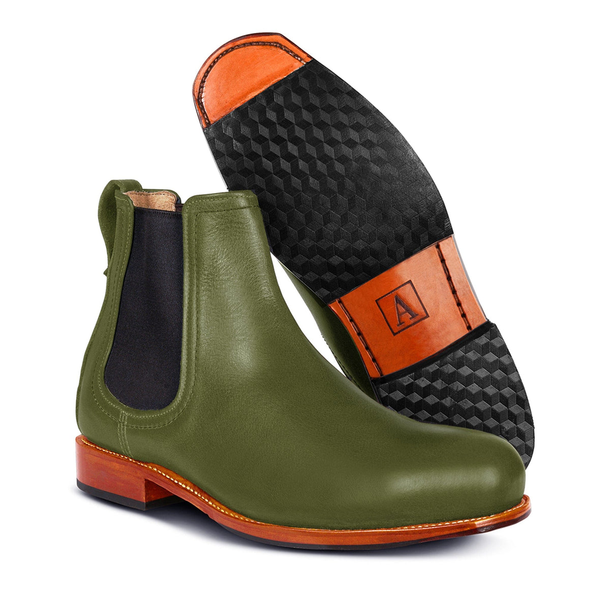Men's EEEEE extra-wide green leather Chelsea boot, showing the leather sole. For feet that are hard to fit