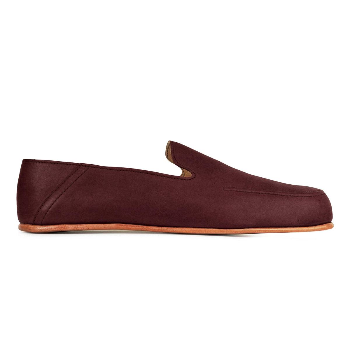 Men's 5E extra-wide burgundy leather zero-drop loafer, seen from the side, made to order for hard-to-fit feet – The Tomás