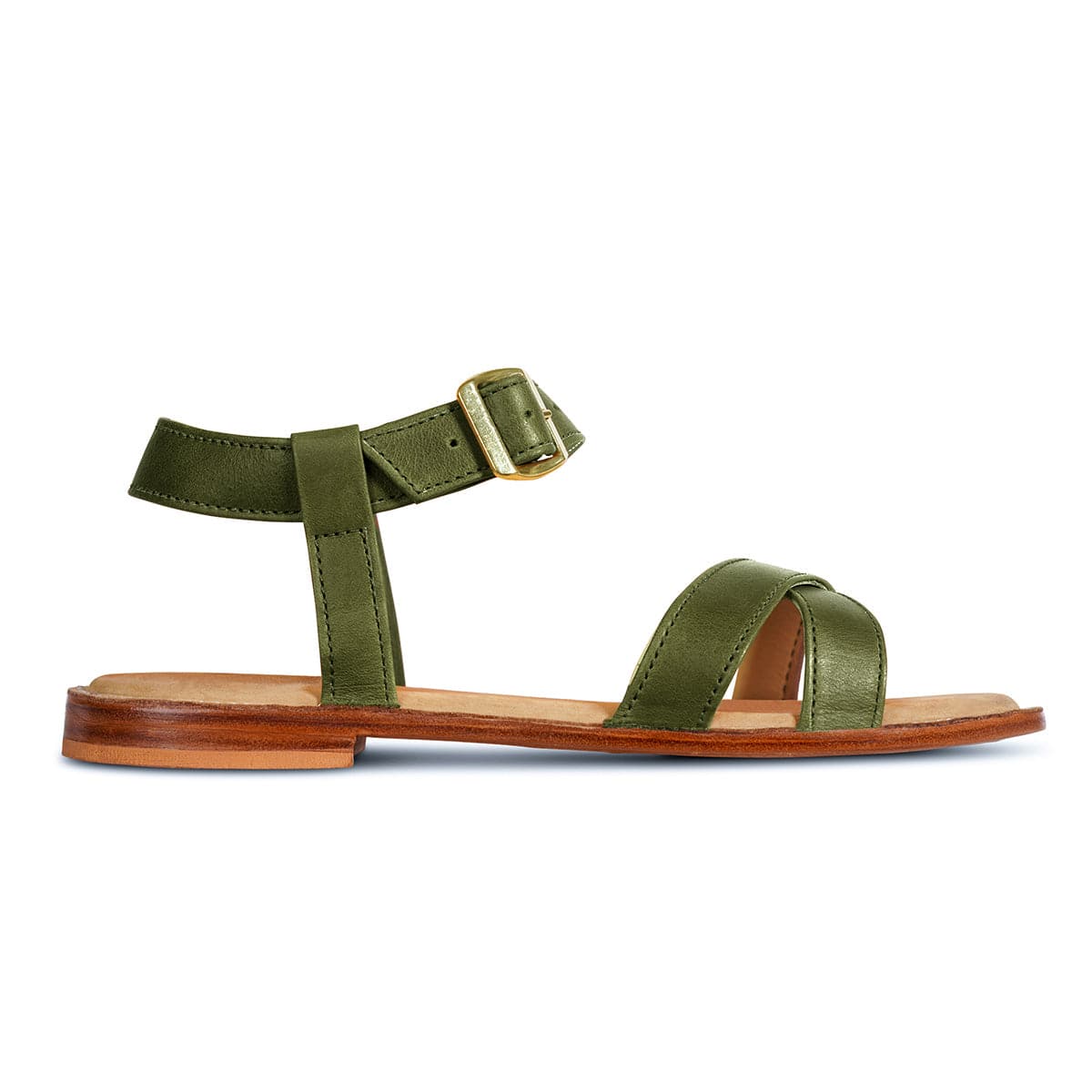 Women's olive green leather sandal with adjustable ankle strap, buckle, cushioned footbed, and flat wood-tone sole, handcrafted by Adelante.