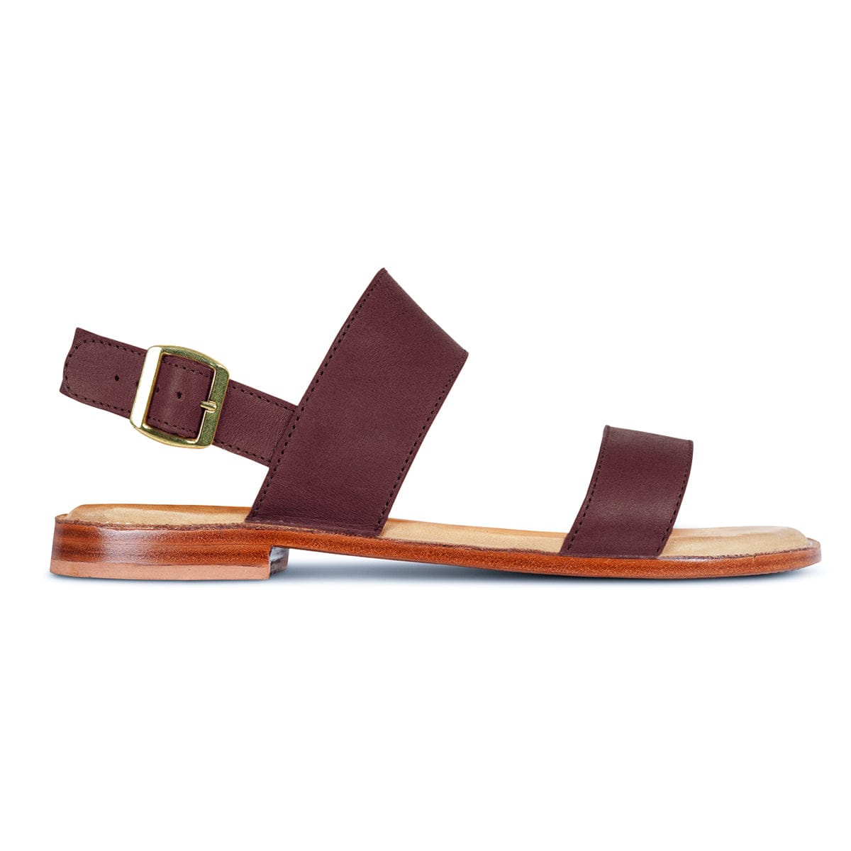 Side view of a women's narrow A-width burgundy leather sandal, available to order in size 9.5 – The Córdoba