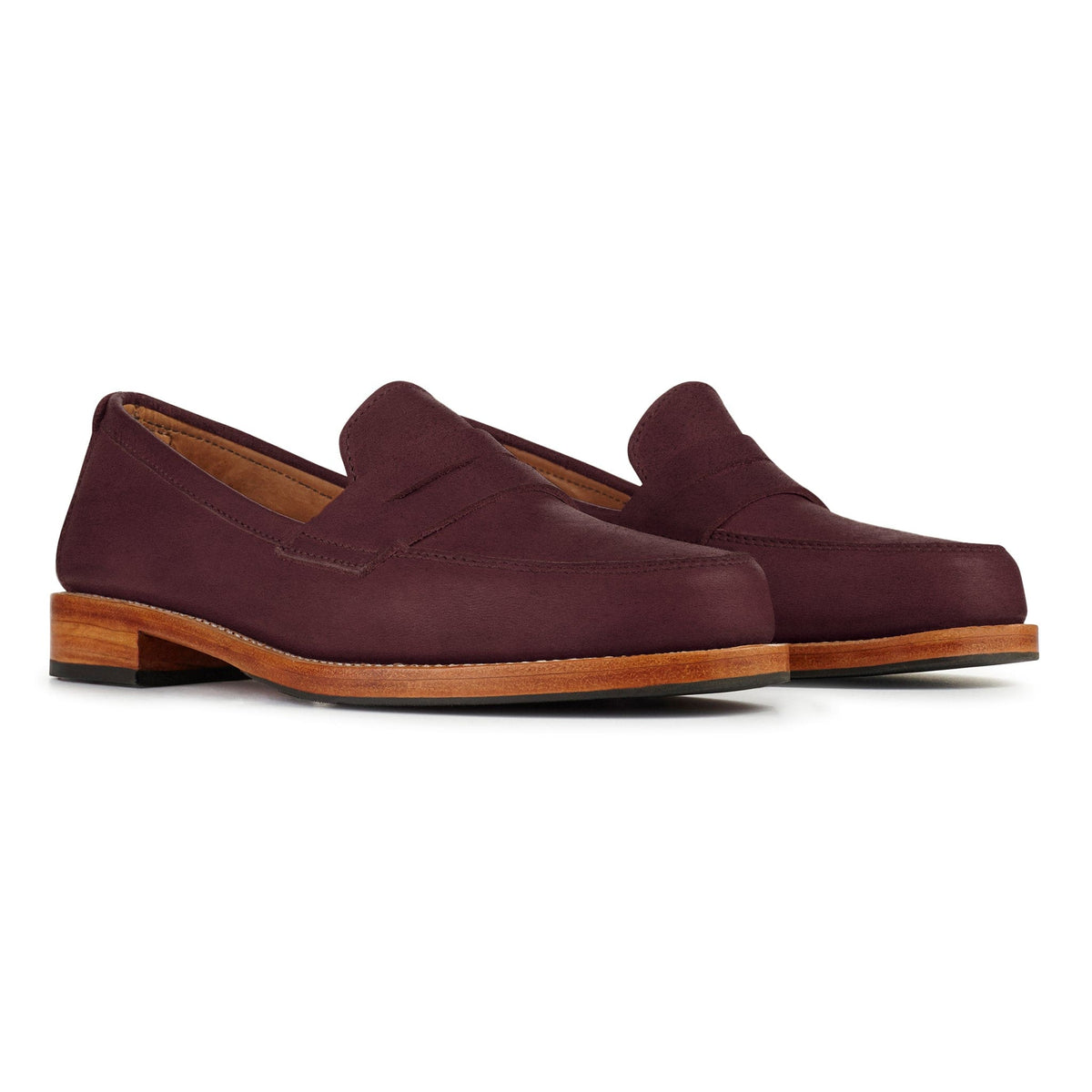 Adelante women's burgundy leather penny loafers with classic penny bridge and stacked wood heels