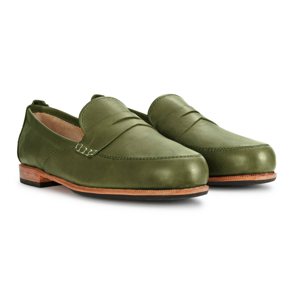 Women's narrow A-width green leather dress loafers, shown at an angle – The Sabina