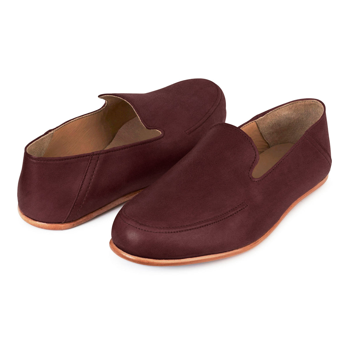 Men's 4E-wide burgundy leather zero-drop loafers, shown from the front at an angle. Custom sizing on request – The Tomás