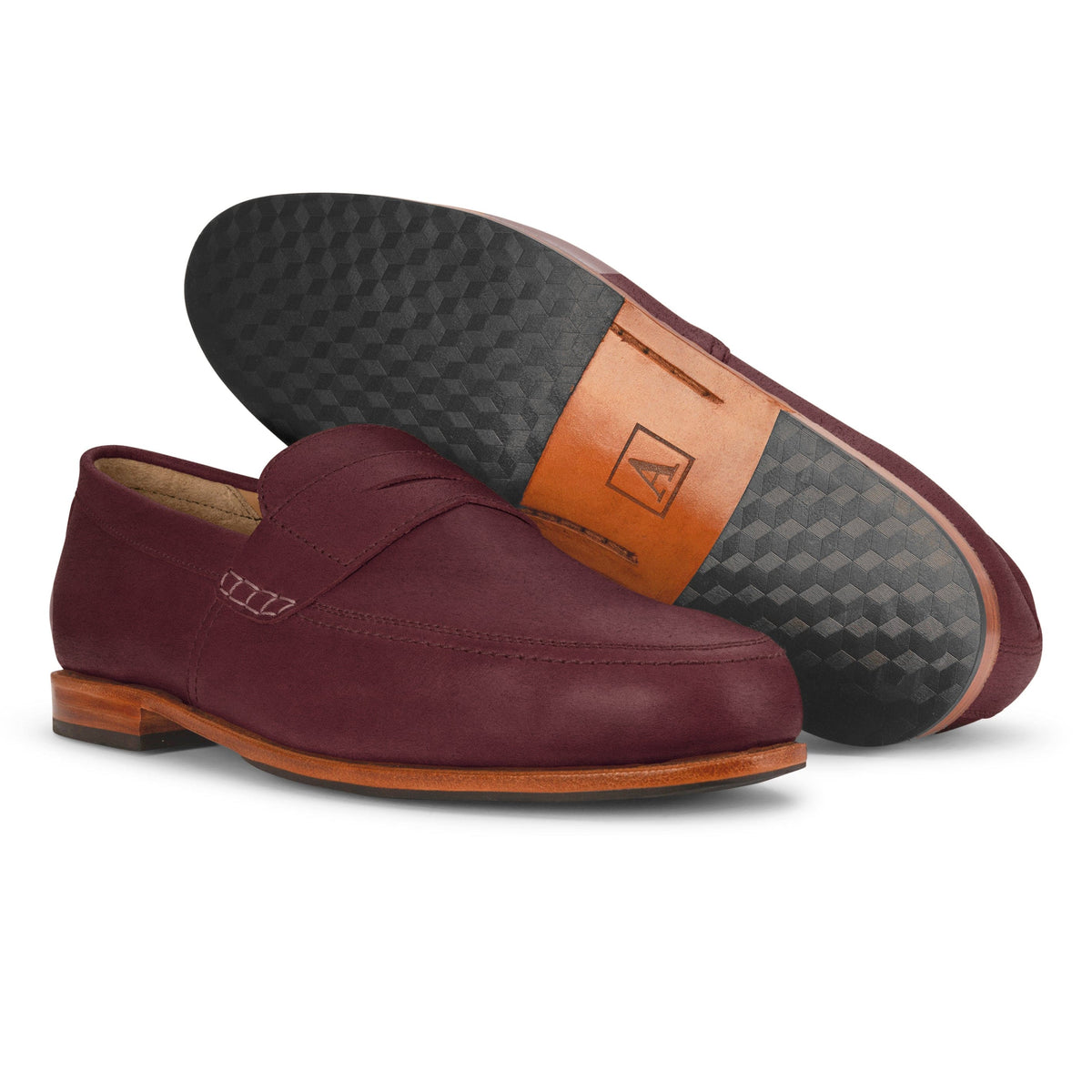 Burgundy mens leather dress loafers with Blake stitched soles, showcasing handcrafted construction and refined style