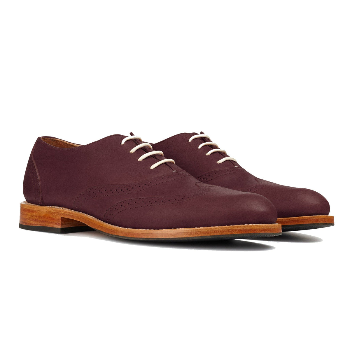 Pair of men's EEE wide burgundy leather oxfords, shown from the front at an angle, made to your exact length and width – The Clásico