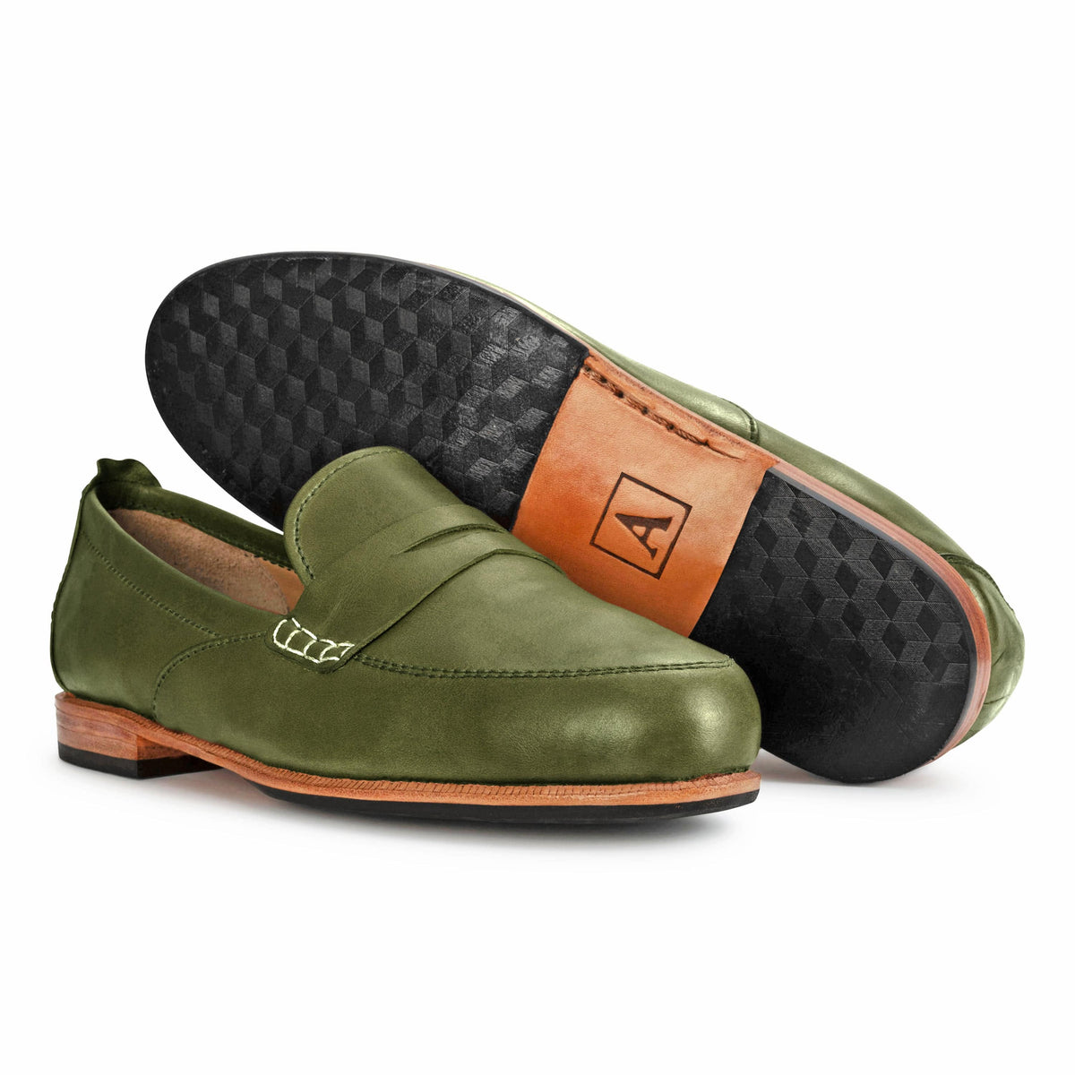 Women's EE wide green leather dress loafers, showing the leather sole. Crafted for wide and narrow feet – The Sabina