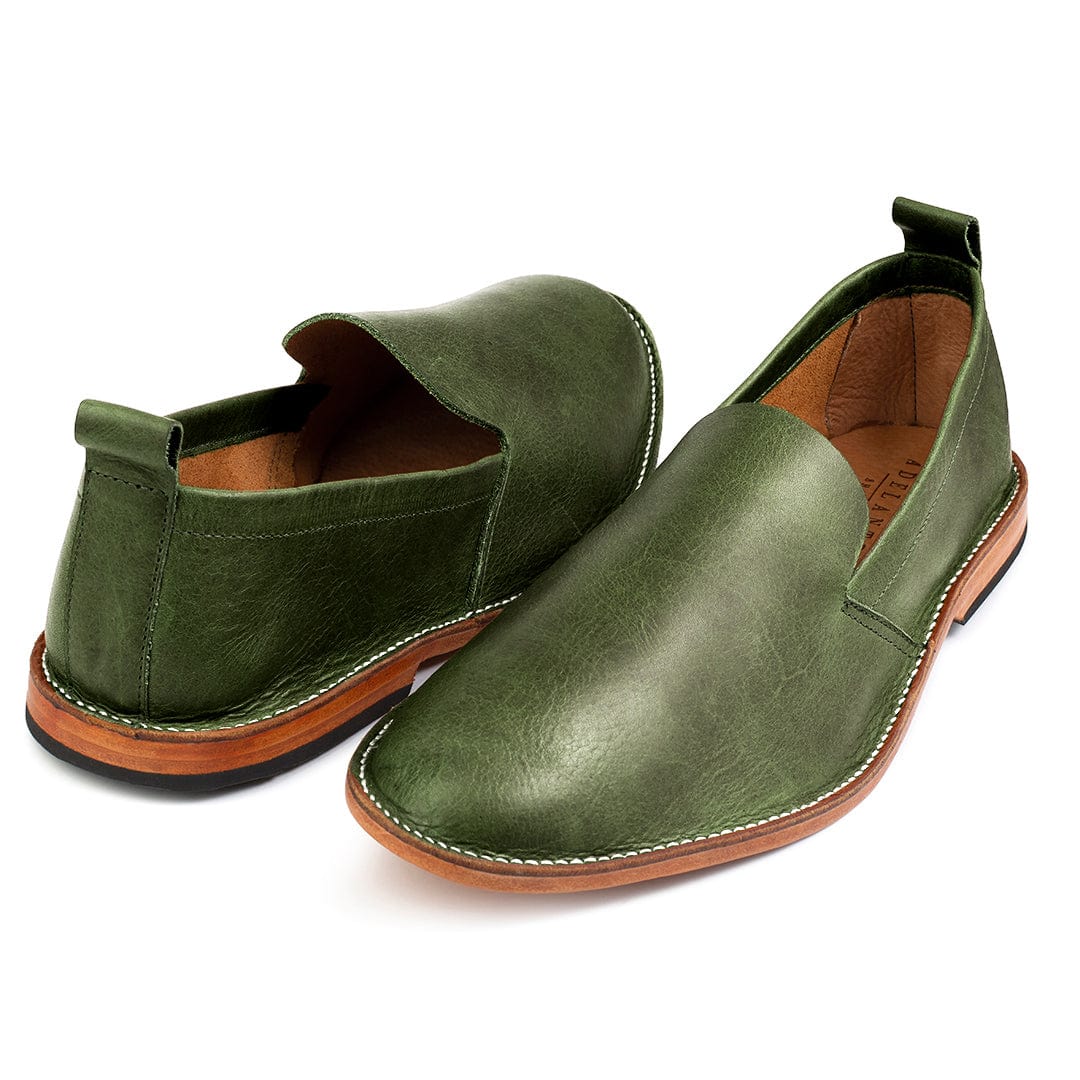 Men's 4E-wide green leather slip-ons, shown at an angle, built to order, even in size 15 – The Viento