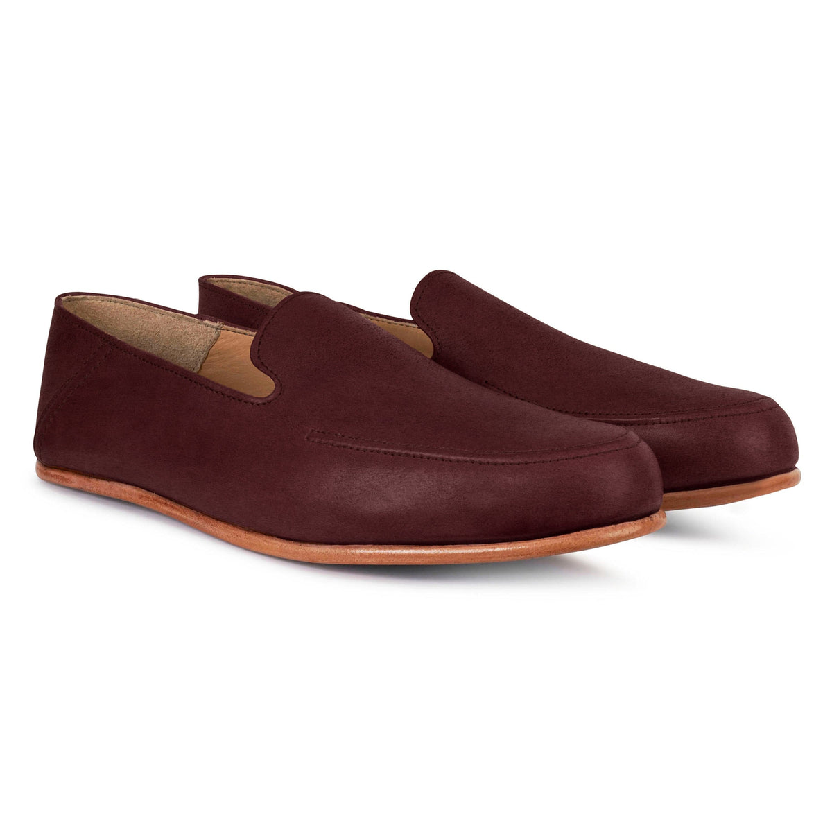 Men's wide burgundy leather zero-drop loafers, shown at an angle, available to order in size 13.5 – The Tomás