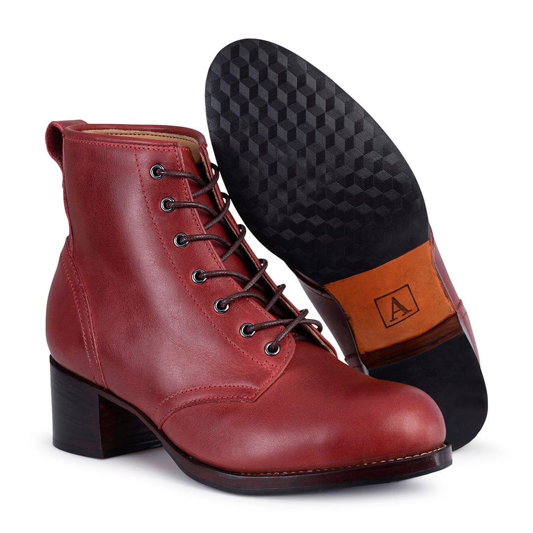 Adelante womens burgundy wide width combat boots with lace up design and 2 inch block heels