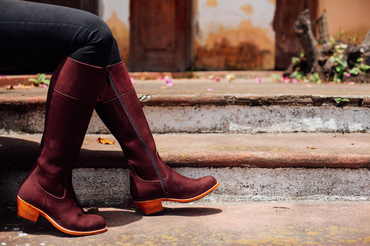 Adelante women's burgundy knee-high riding boots with wide calf fit, handcrafted to order