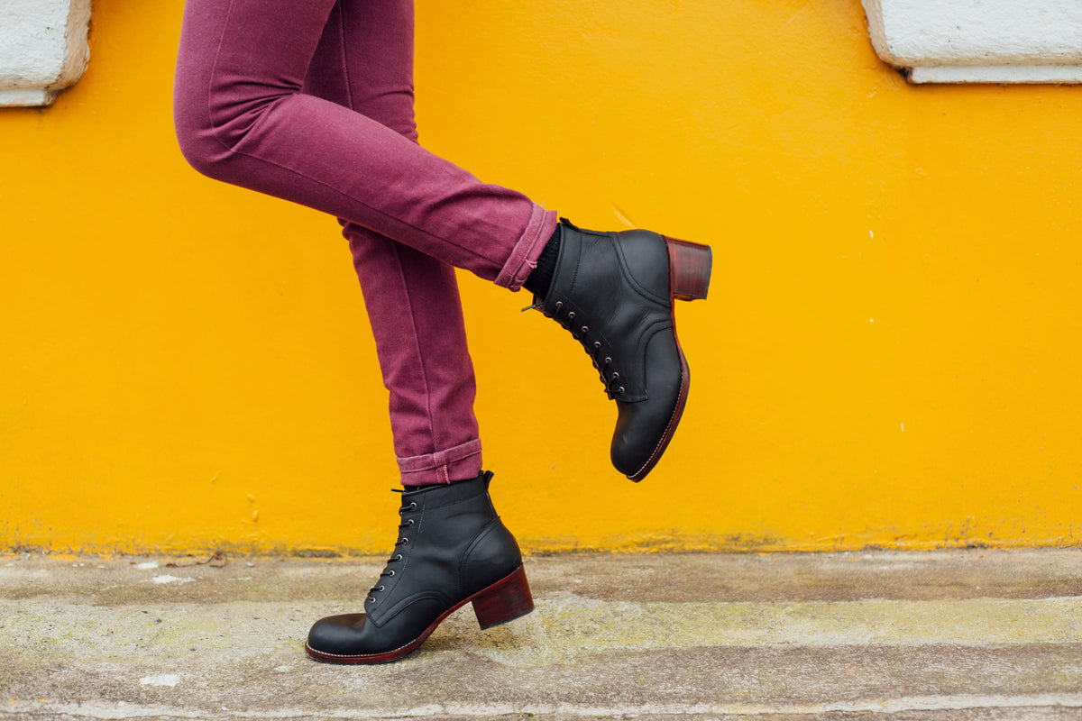 Adelante black womens lace up combat boots with sturdy construction and two inch block heels