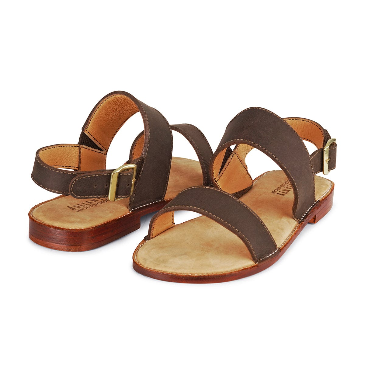 Women's wide dark brown leather sandals, shown at an angle, built to order, even in size 5 – The Córdoba