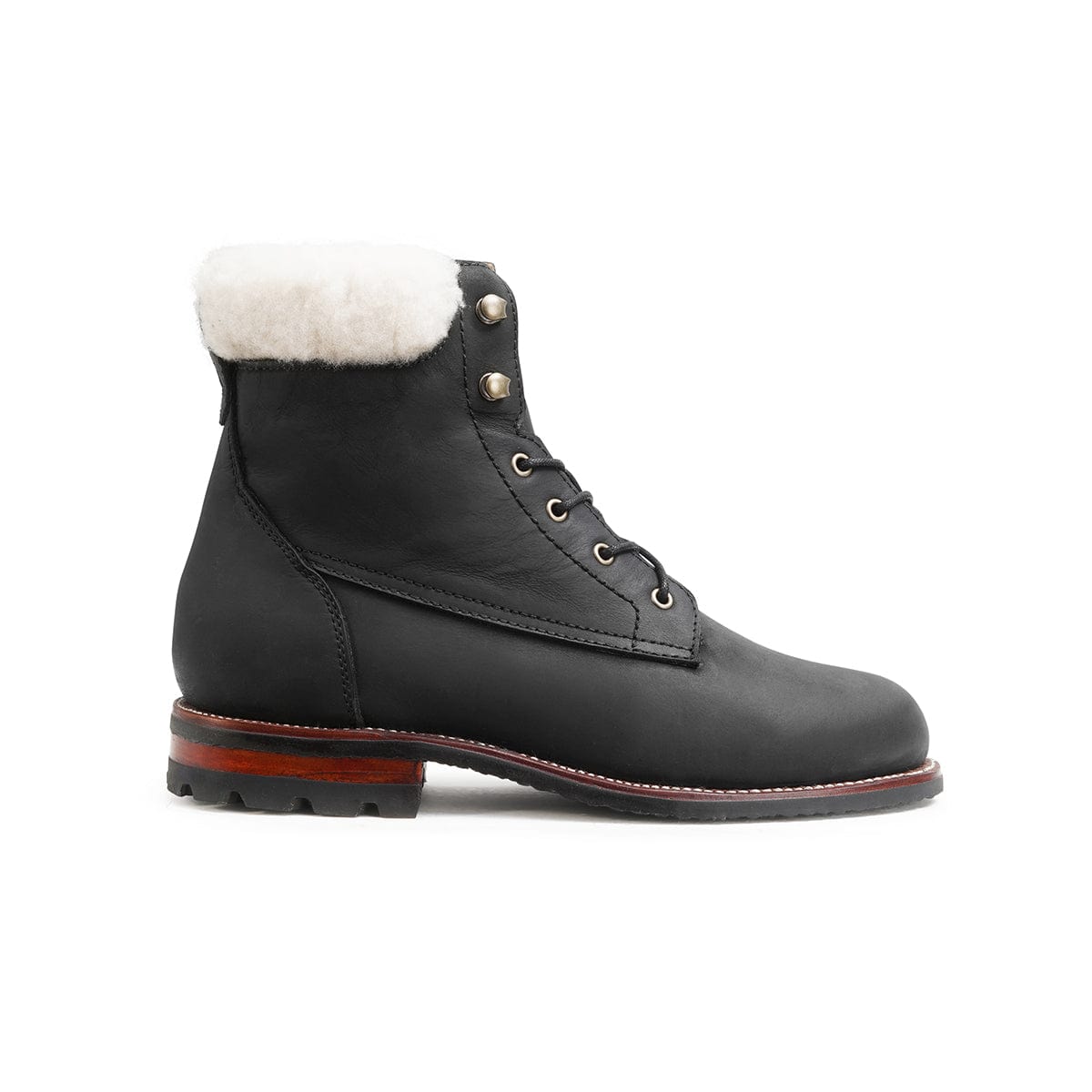 Women's EEE wide shearling-lined black leather winter boot, shown in side profile, handcrafted to fit size 6