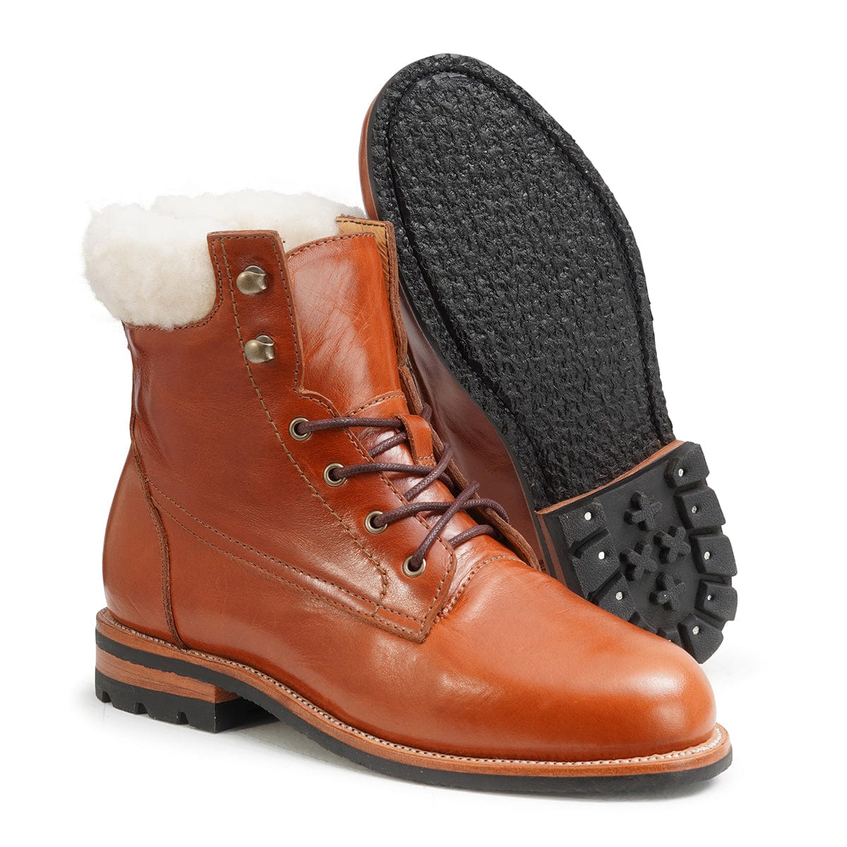 Women's wide shearling-lined reddish brown leather winter boot, with the sole turned up, made to order in size 13
