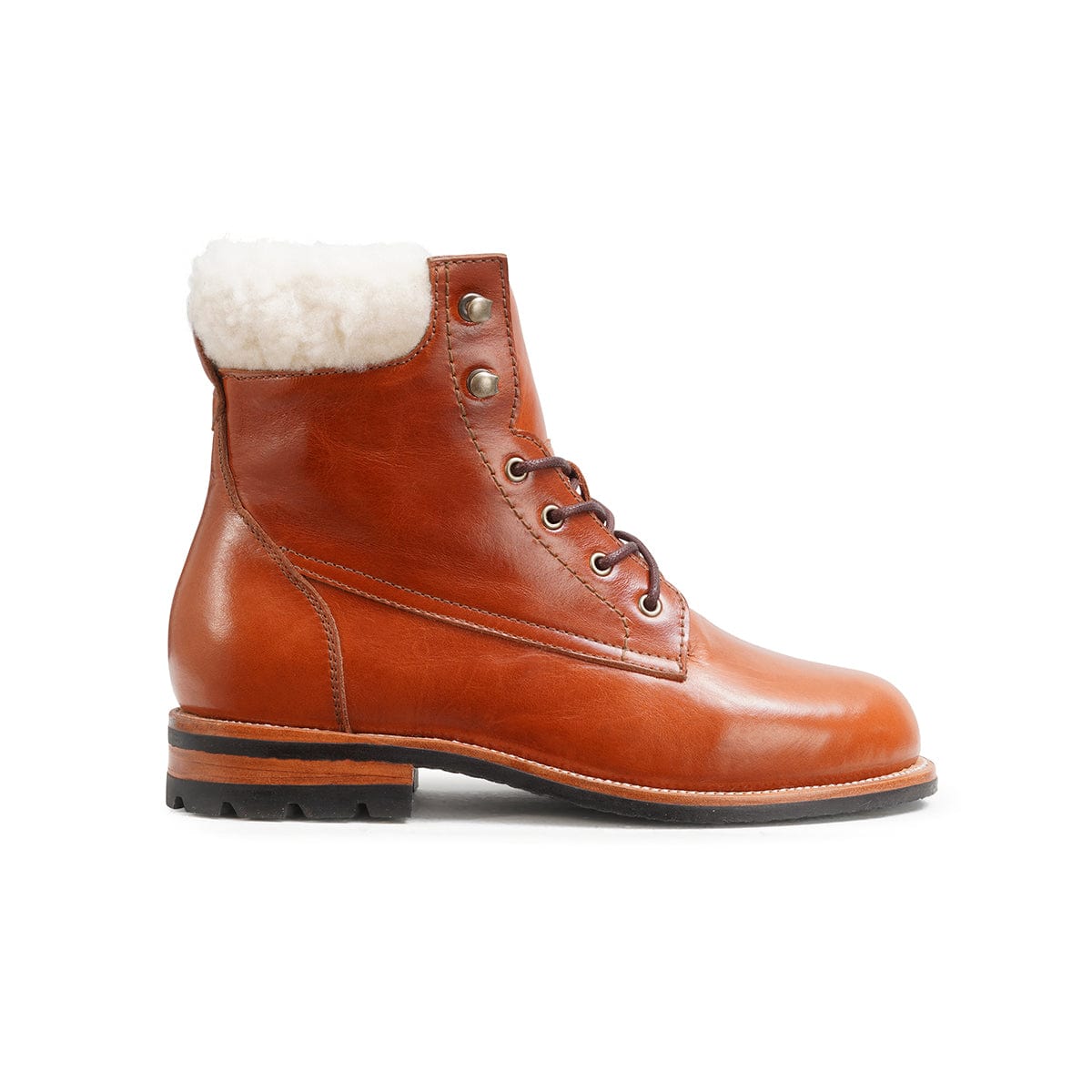 Side view of a women's wide shearling-lined reddish brown leather winter boot, also made for size 14 feet