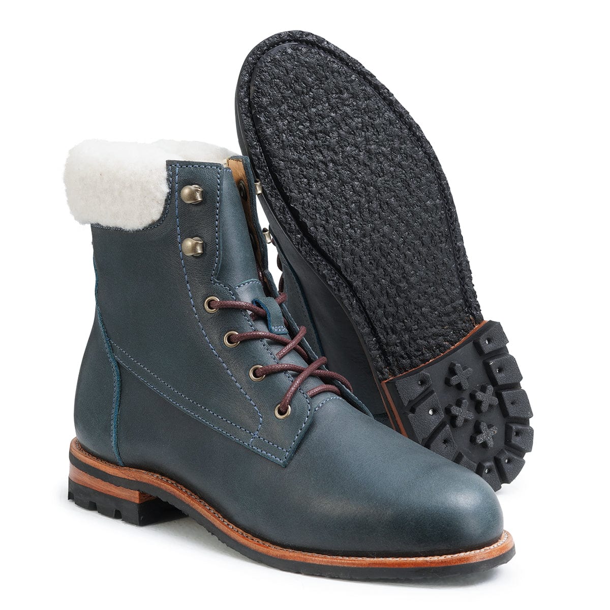 Women's EE wide shearling-lined blue leather winter boot, with the sole turned up, available to order in size 15