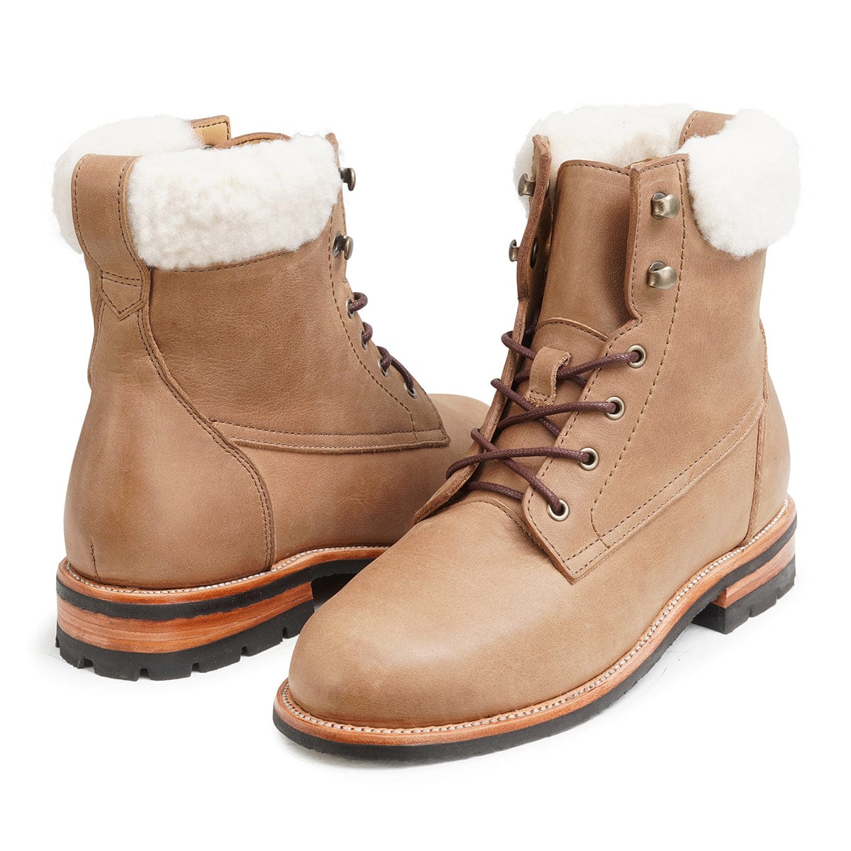 Women's EE wide shearling-lined tan leather winter boots, shown at an angle, built to order, even in size 4
