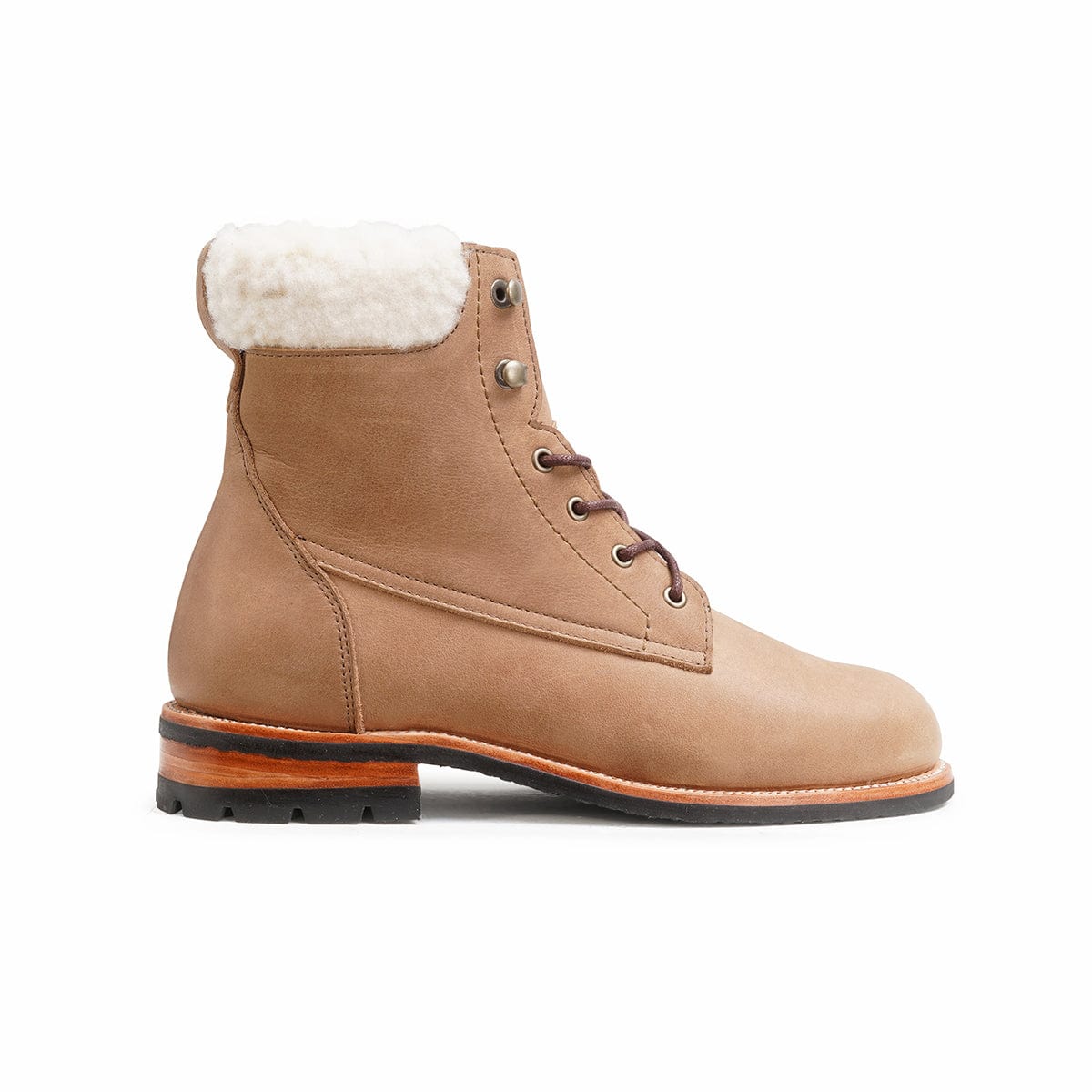 Women's 2E-wide shearling-lined tan leather winter boot, seen from the side. Custom sizing on request – The Cozy Havana