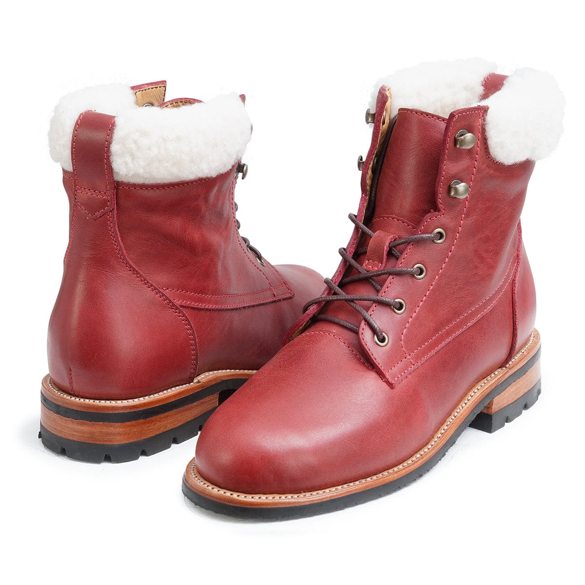 Women's EEE wide shearling-lined red leather winter boots, angled from the front, with split sizing for two different-sized feet