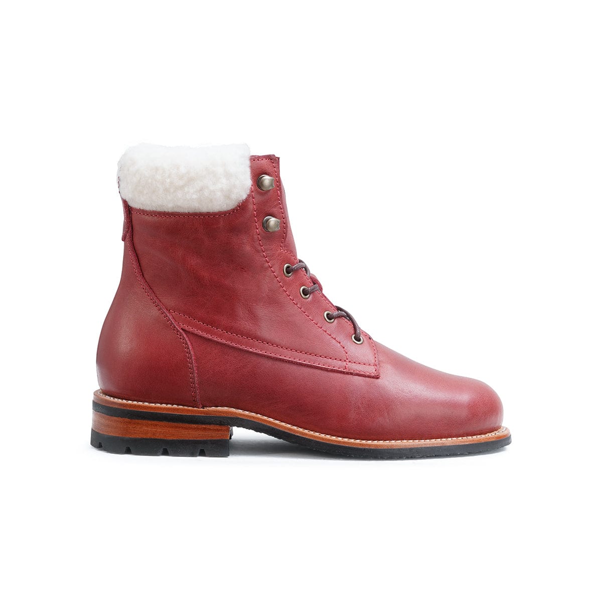 Women's narrow A-width shearling-lined red leather winter boot, shown in side profile, a size 6 is no problem