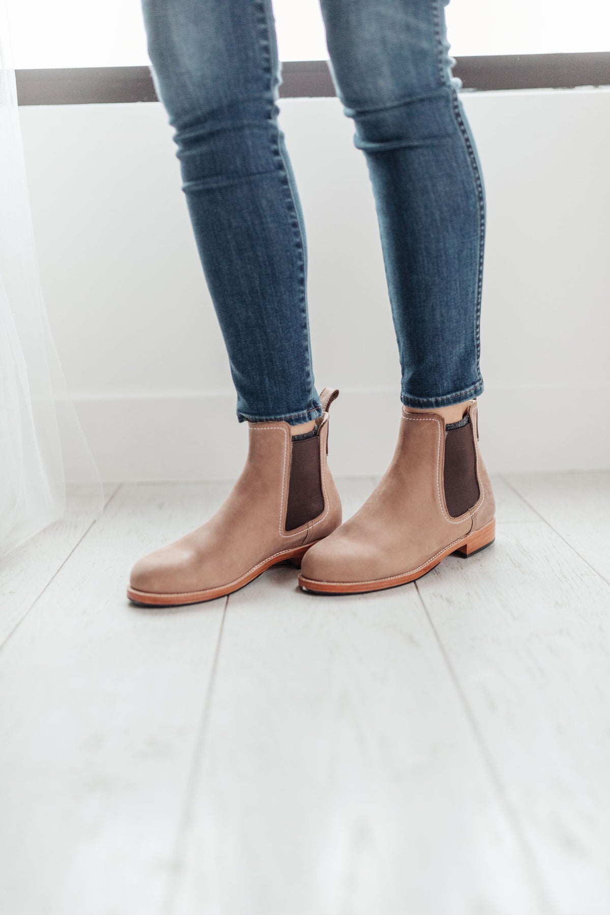 Women's tan Chelsea boots with elastic side panels contrast stitching and low walking heels by Adelante Made To Order