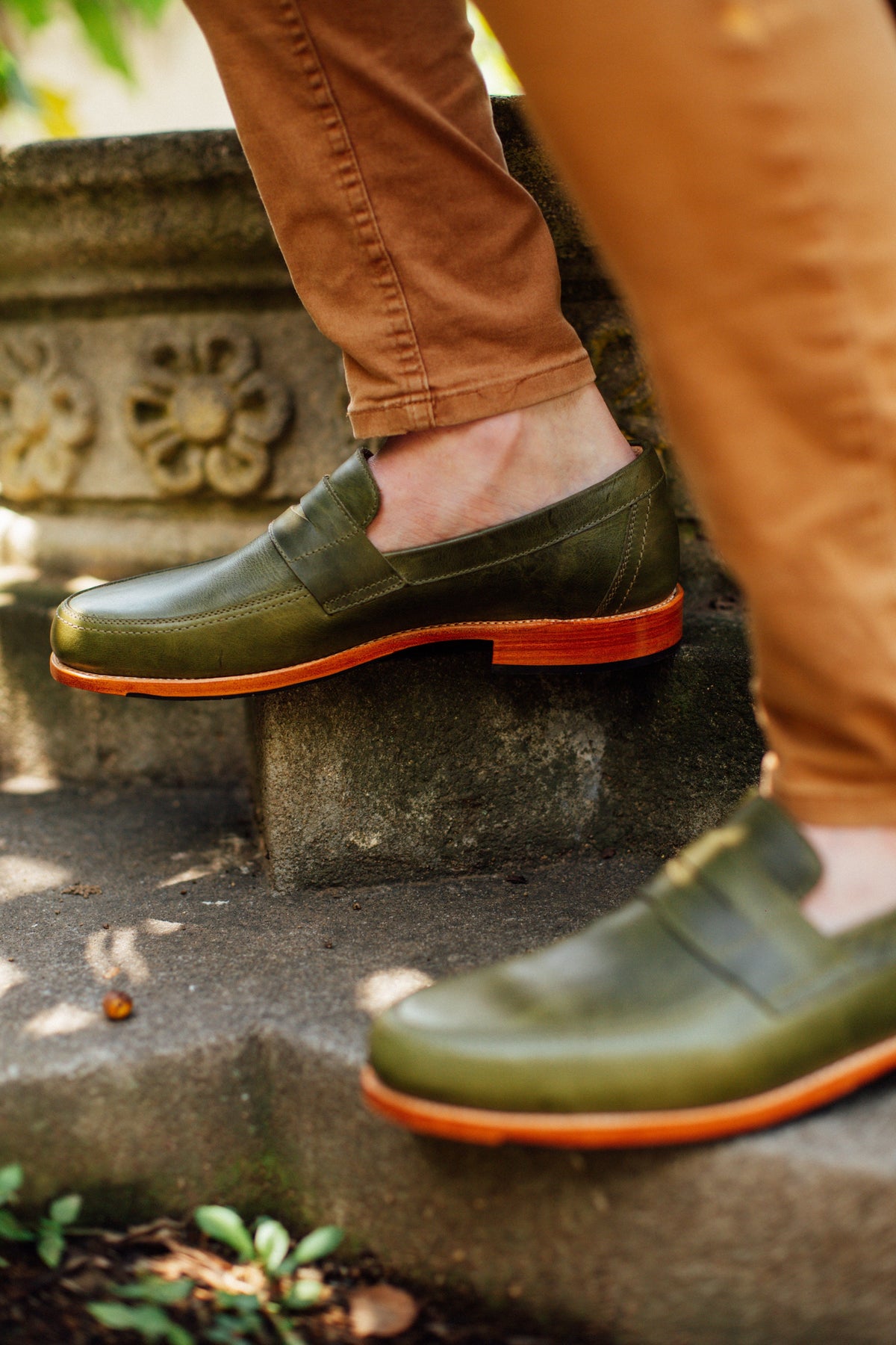Adelante men's olive green penny loafers with orange soles, made to order in wide widths