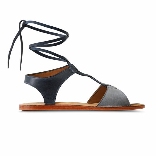 Side view of a women's 3E-wide blue and gray leather gladiator sandal, also made for size 9.5 feet – The Marina