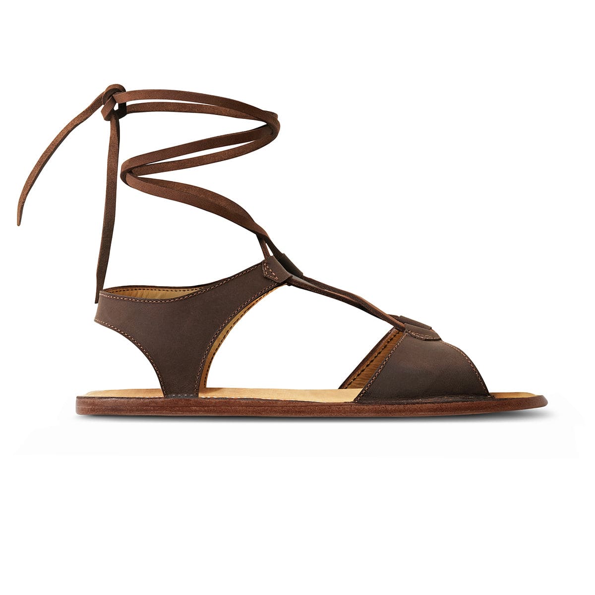 Brown women's gladiator sandal with wraparound ankle laces, handcrafted for comfort and available in sizes 4 to 8.5 and narrow to extra wide widths.