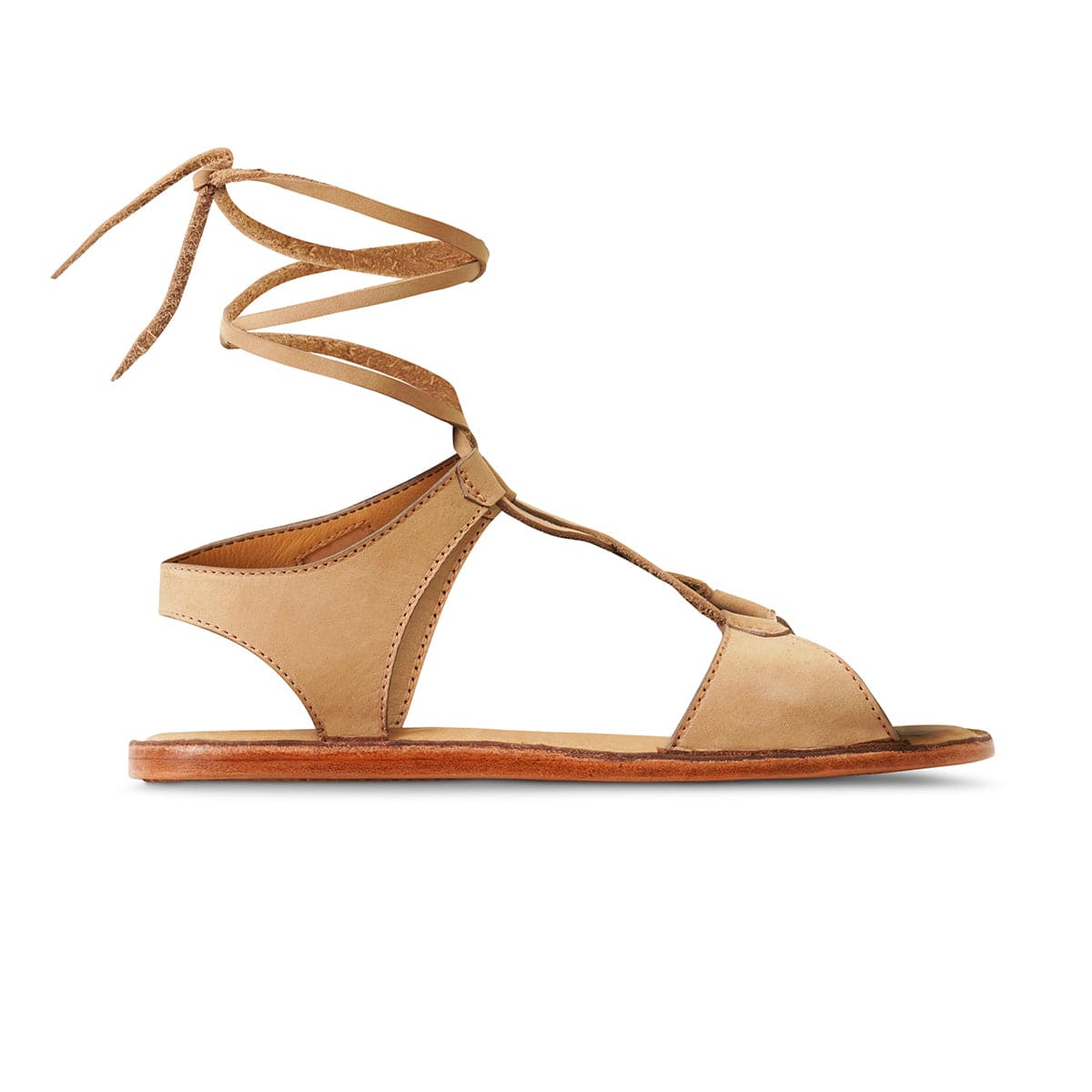 Tan women's gladiator sandal with wraparound lace straps, handcrafted by Adelante Made-To-Order, available in sizes 4 to 8.5 and narrow to extra wide widths