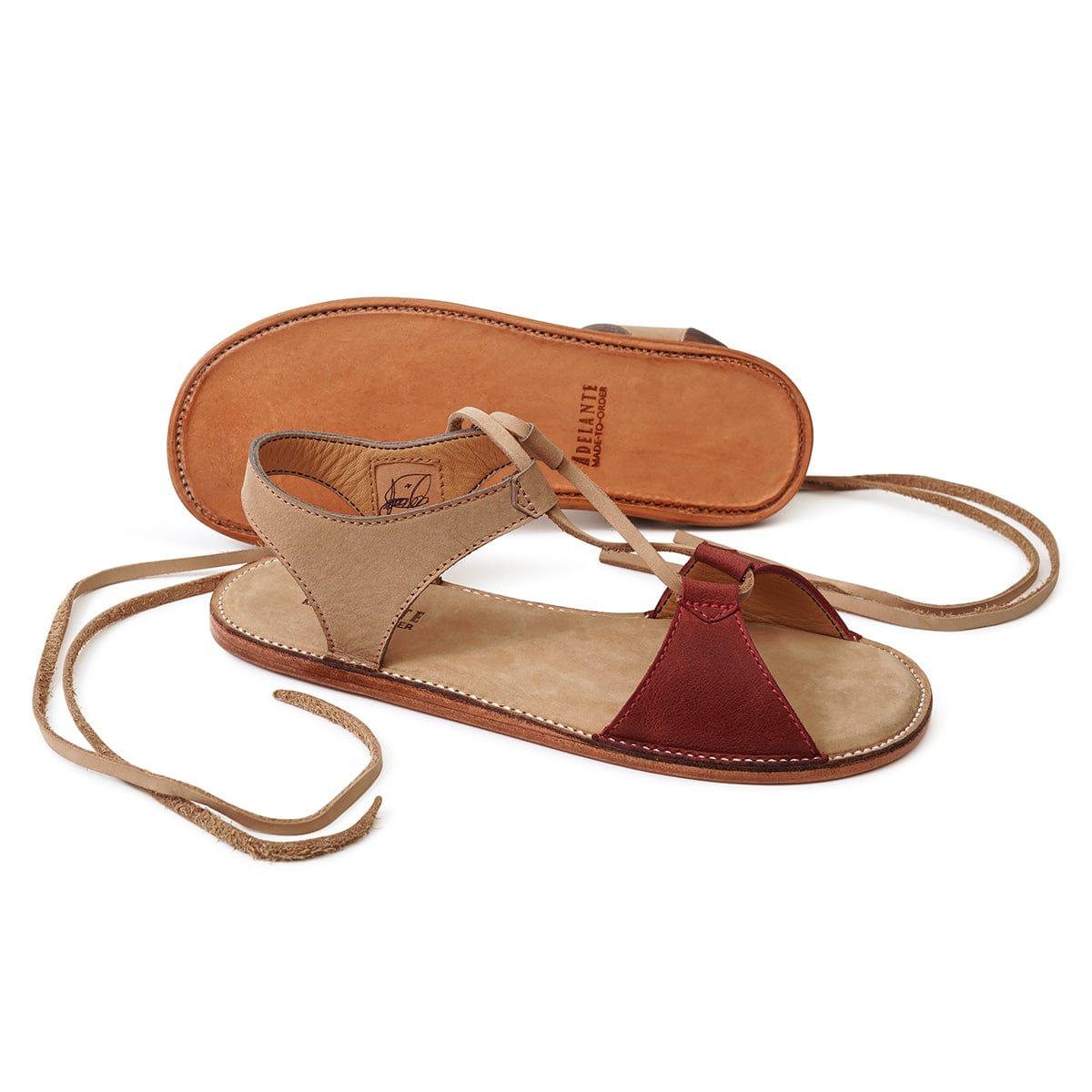 Adelante womens handcrafted gladiator sandal in tan and burgundy with wraparound lace detailing