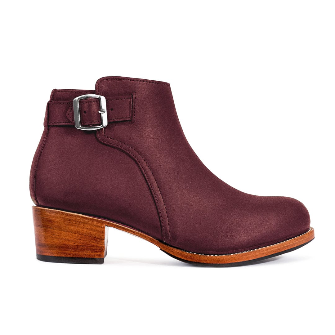 Adelante women's burgundy buckle bootie with block heel and inside zipper available in narrow to extra wide widths