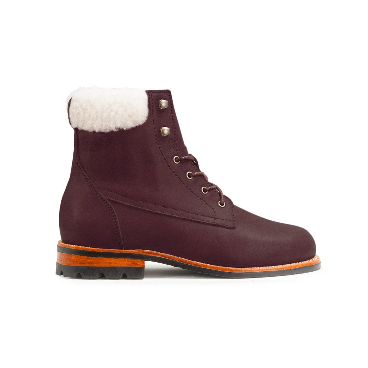 Women's EE wide shearling-lined purple leather winter boot, seen from the side. Custom sizing on request – The Cozy Havana